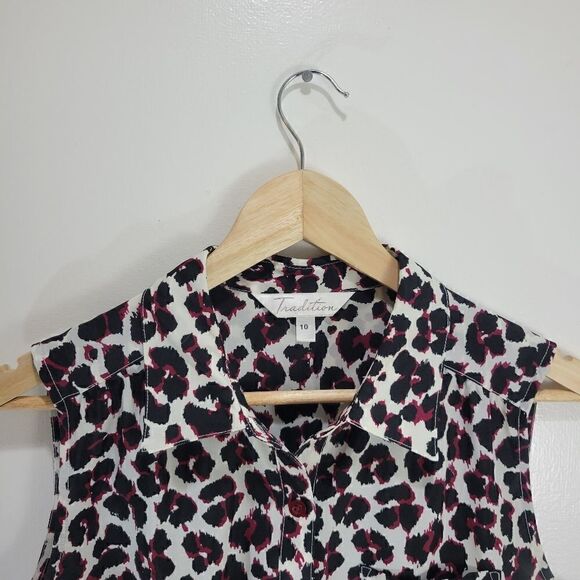 Tradition B&W Leopard Print with Maroon Accents Sleeveless Button Down Shirt - Picture 3 of 7